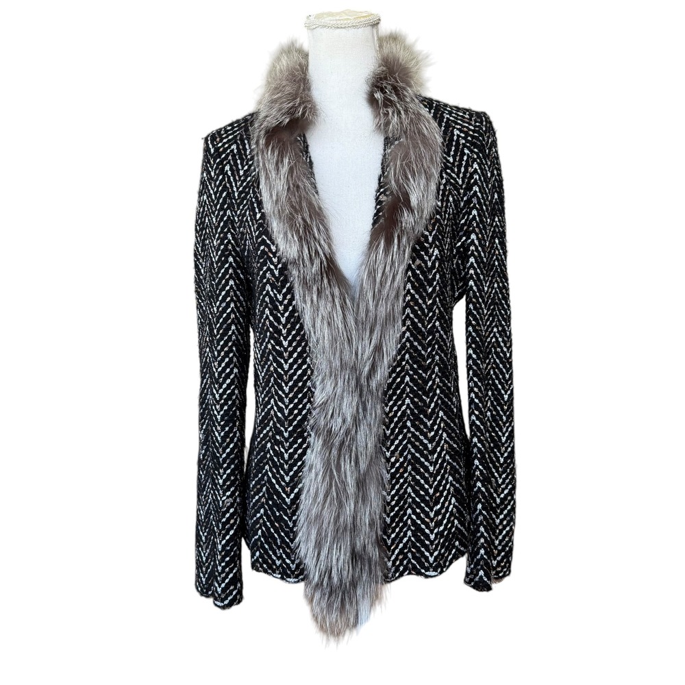 Liliu Women Black White Chevron Wool Blend Fox Fur Trim Silk Lined Blazer Size 8
